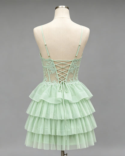 Spaghetti Strap Lace Corset Tiered Tulle Homecoming Dress - view 2