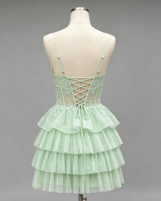 Spaghetti Strap Lace Corset Tiered Tulle Homecoming Dress - view 2