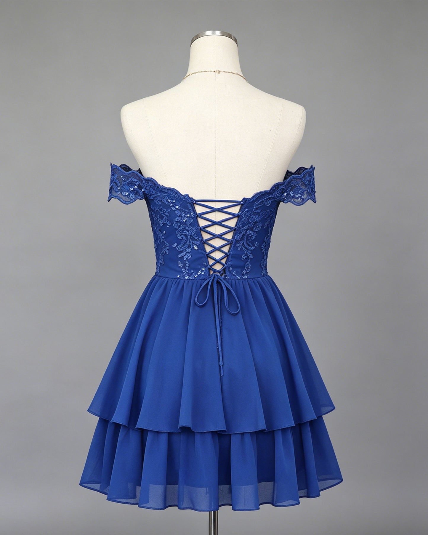 Off Shoulder Lace A-Line Homecoming Dress with Tiered Skirt - view 2