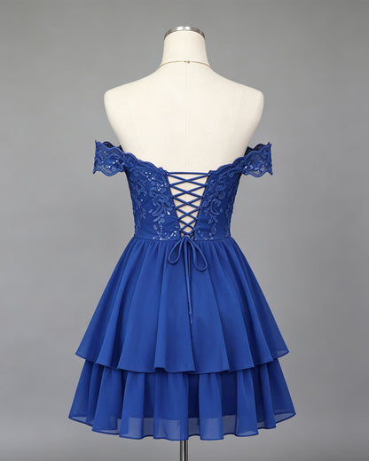 Off Shoulder Lace A-Line Homecoming Dress with Tiered Skirt - view 2