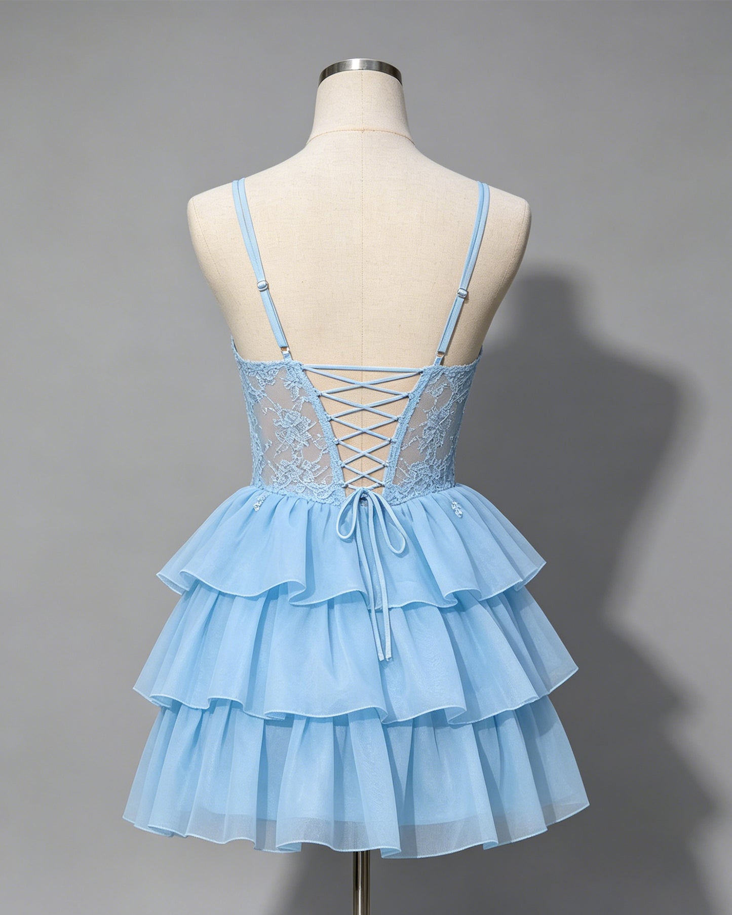 Double Strap Lace Corset Homecoming Dress with Tiered Tulle Skirt - view 2