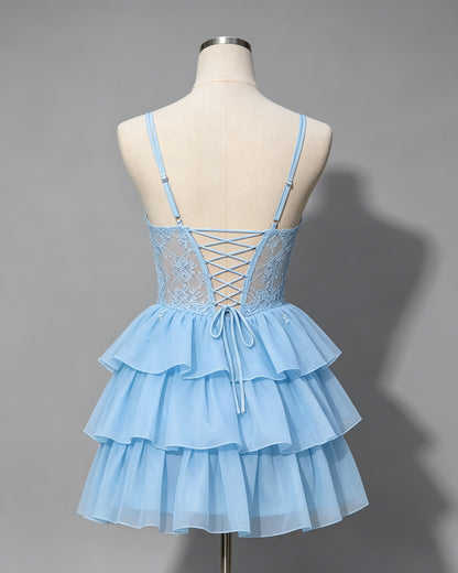 Double Strap Lace Corset Homecoming Dress with Tiered Tulle Skirt - view 2