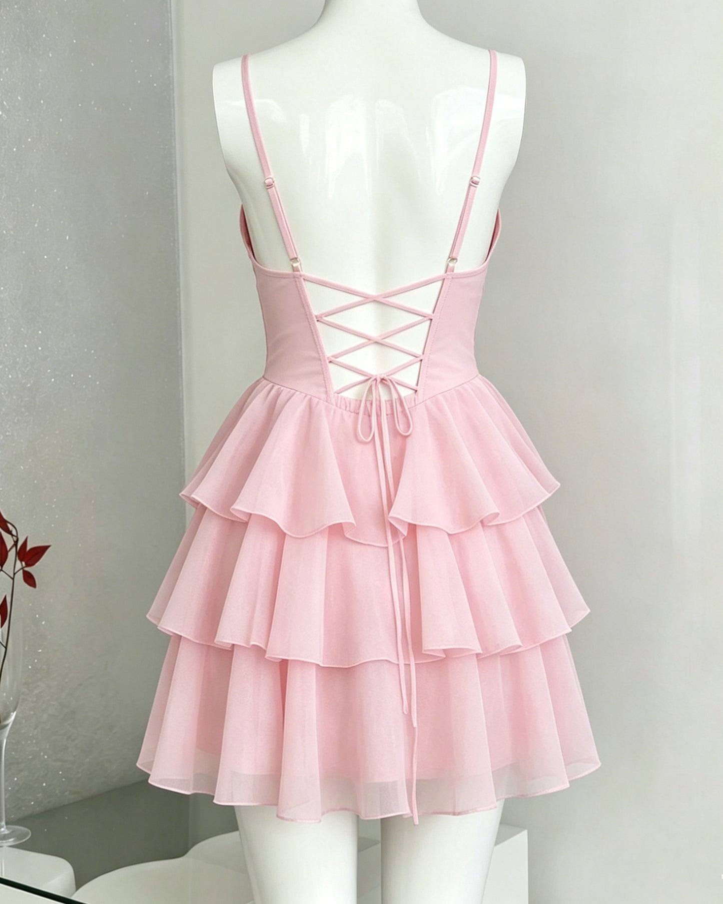 Spaghetti Strap Pleated Corset Homecoming Dress with Ruffle Layers - view 2