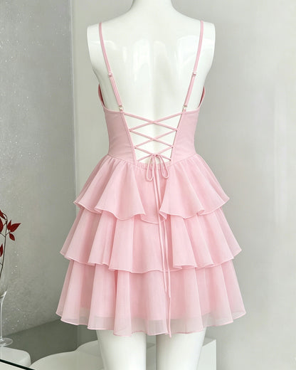 Spaghetti Strap Pleated Corset Homecoming Dress with Ruffle Layers - view 2