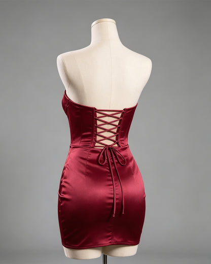 Strapless Lace Trim Satin Homecoming Dress with Wrap Hem - view 2