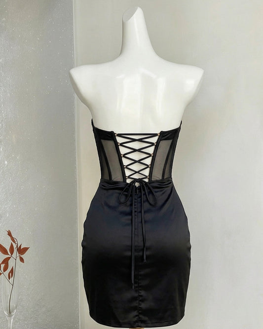 Strapless Satin Bow Corset Homecoming Dress with Slit - view 2