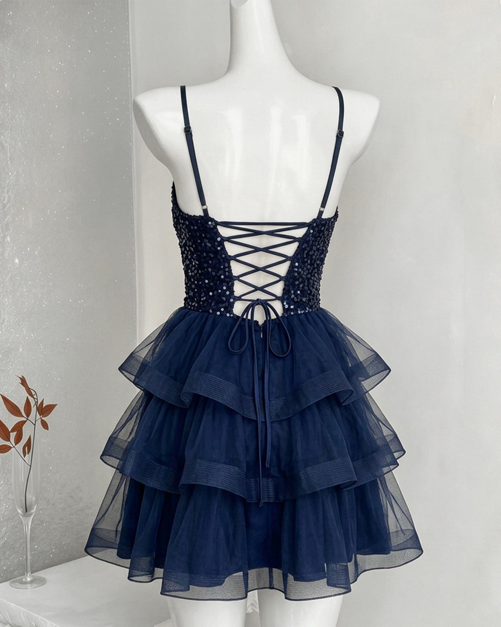Sequin V Neck Corset Homecoming Dress with Organza Ruffle Skirt - view 2