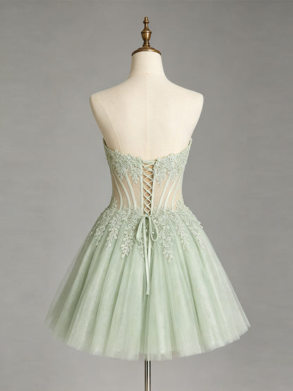 Strapless Lace Applique Glitter Tulle Homecoming Dress - view 2