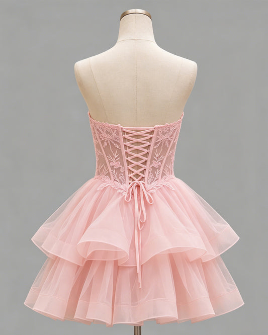 Strapless Lace Corset Ruffle Tulle Homecoming Dress - view 2