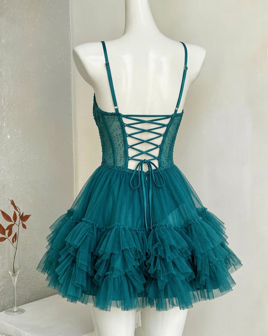 Spaghetti Strap Beaded Corset Ruffle Tulle Homecoming Dress - view 2