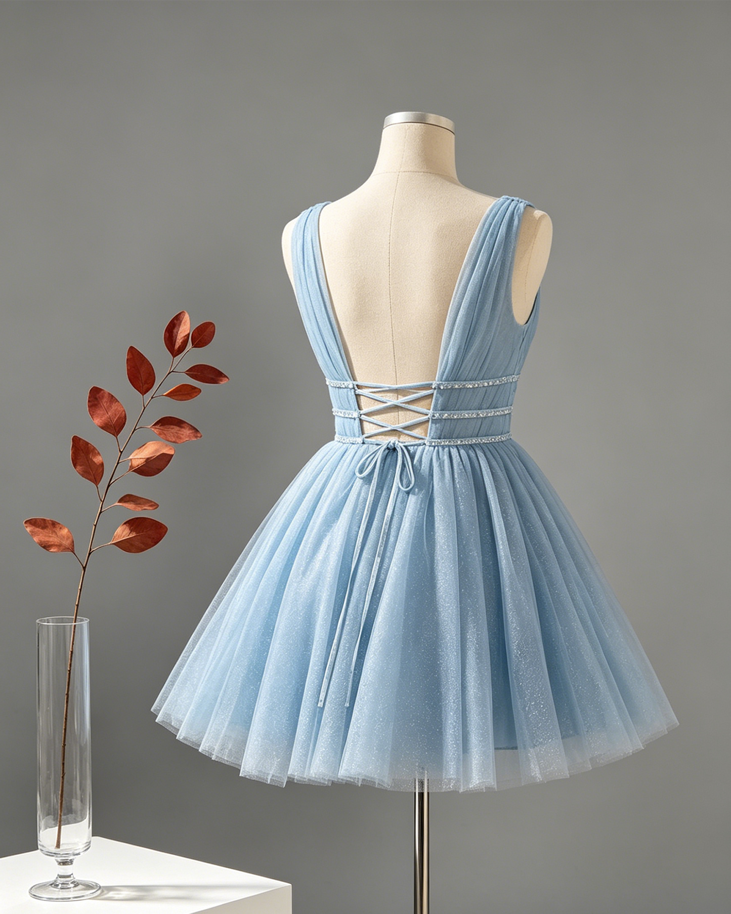 V Neck Beaded Waist Glitter Tulle Homecoming Dress - view 2