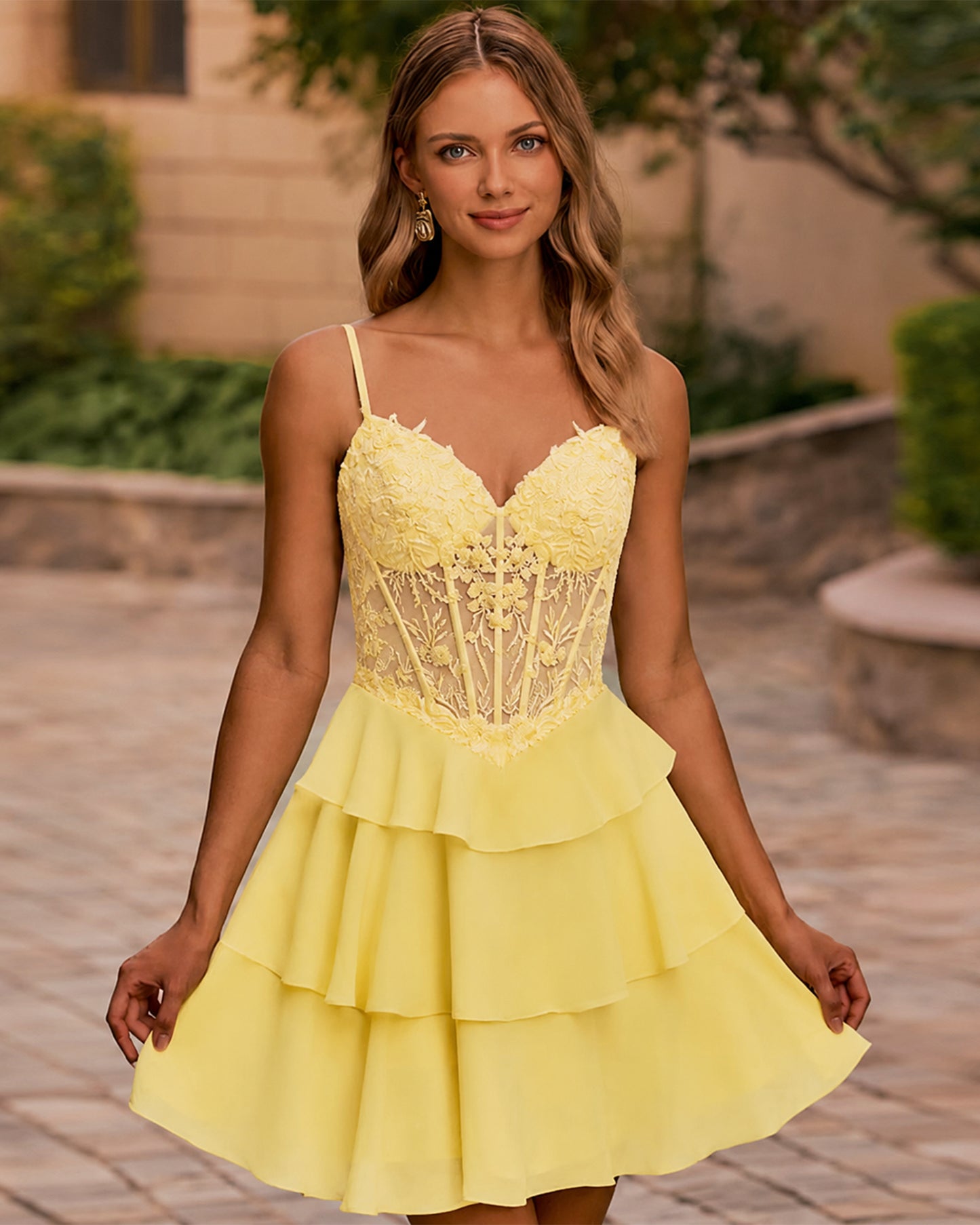 Spaghetti Strap Lace Corset Tiered A-Line Homecoming Dress - view 2