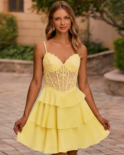 Spaghetti Strap Lace Corset Tiered A-Line Homecoming Dress - view 2