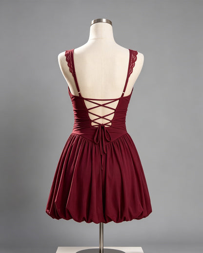 Lace Strap Ruched Bodice Homecoming Dress with Bubble Hem - view 2