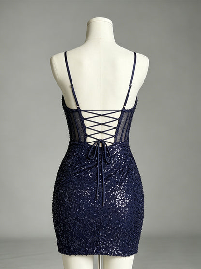 Spaghetti Strap Sequin Lace Bodycon Homecoming Dress - view 2