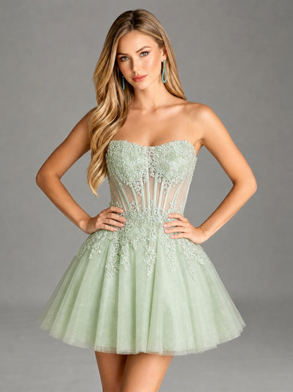 Strapless Lace Applique Glitter Tulle Homecoming Dress - view 3