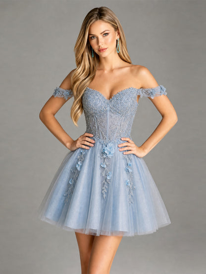 Off Shoulder 3D Floral Corset Glitter Tulle Homecoming Dress - view 3