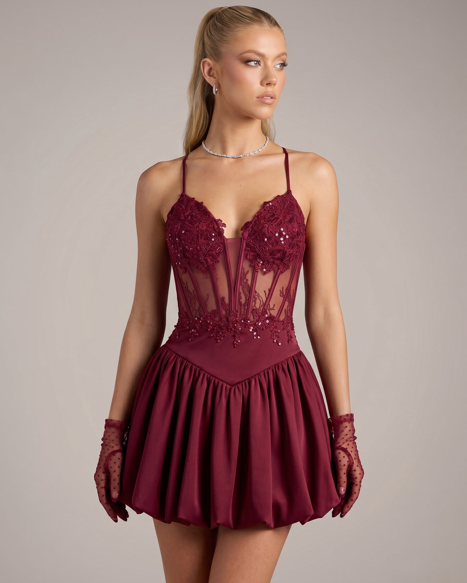 Spaghetti Strap Lace Corset Homecoming Dress with Flared Skirt - view 3