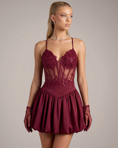 Spaghetti Strap Lace Corset Homecoming Dress with Flared Skirt - view 3