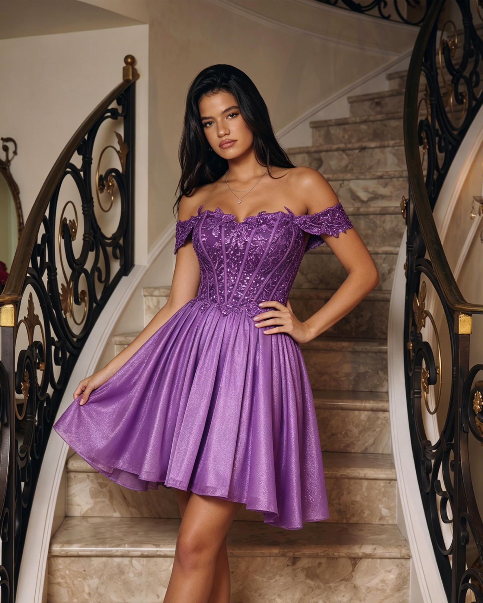 Off Shoulder Sequin Corset Skater Homecoming Dress - view 4