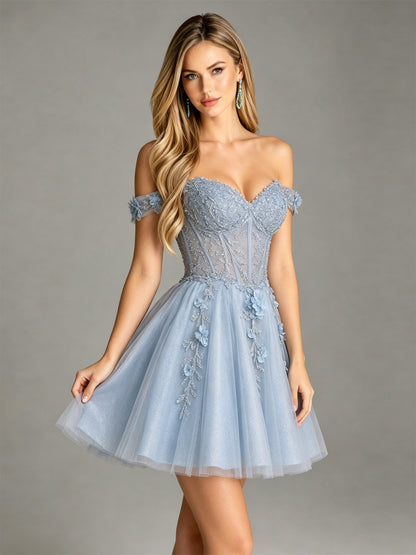 Off Shoulder 3D Floral Corset Glitter Tulle Homecoming Dress - view 4