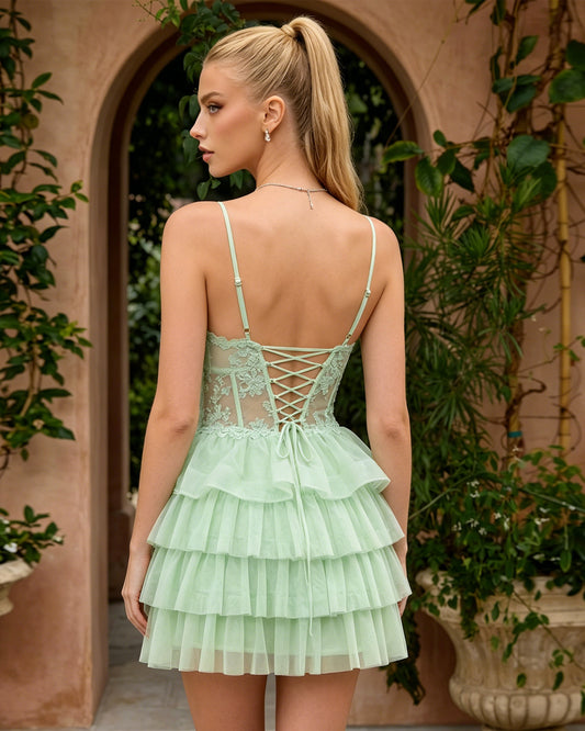 Spaghetti Strap Lace Corset Tiered Tulle Homecoming Dress - view 4
