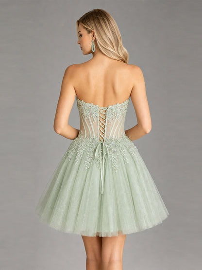 Strapless Lace Applique Glitter Tulle Homecoming Dress - view 4