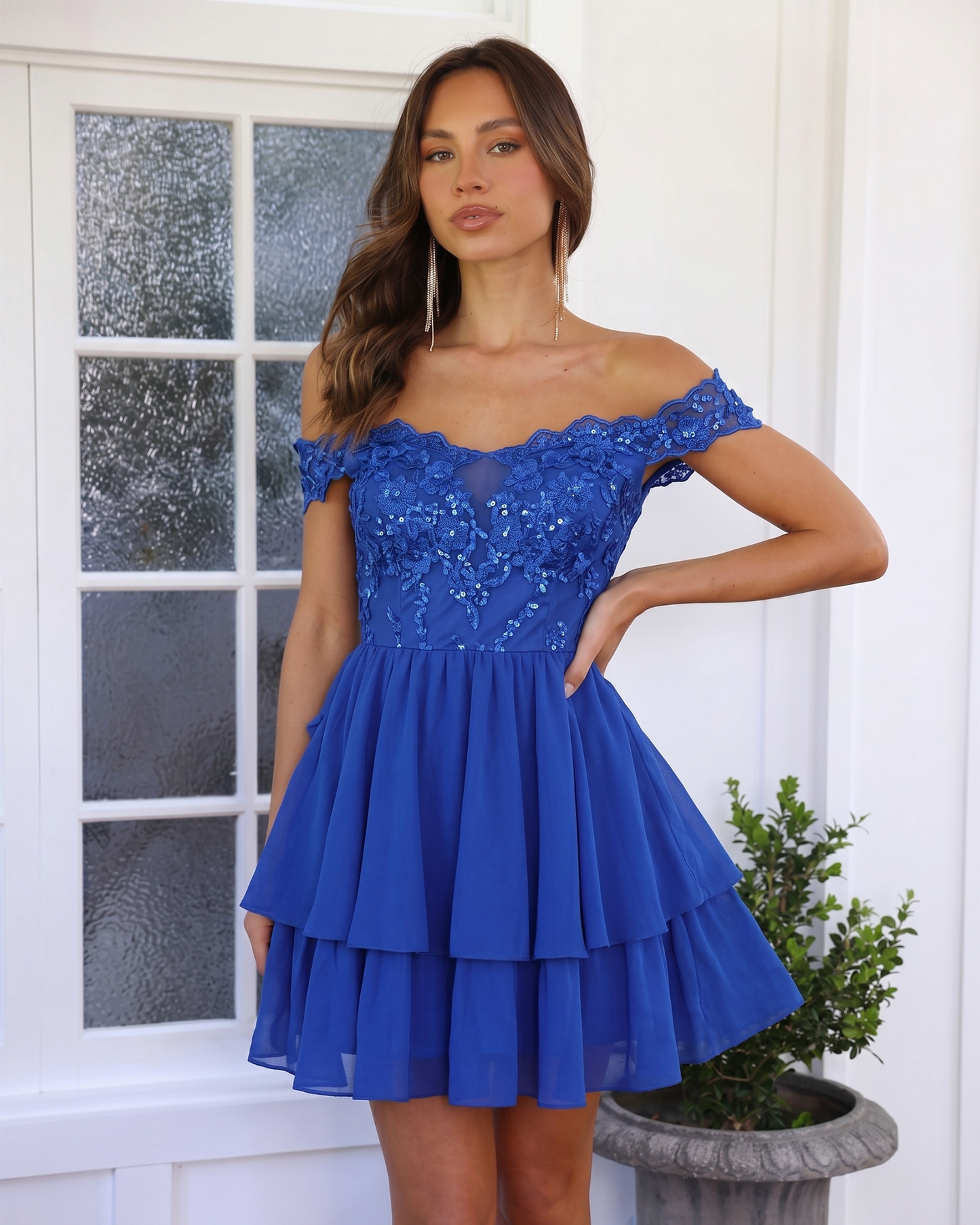 Off Shoulder Lace A-Line Homecoming Dress with Tiered Skirt - view 4