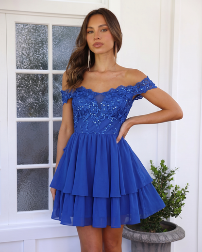 Off Shoulder Lace A-Line Homecoming Dress with Tiered Skirt - view 4