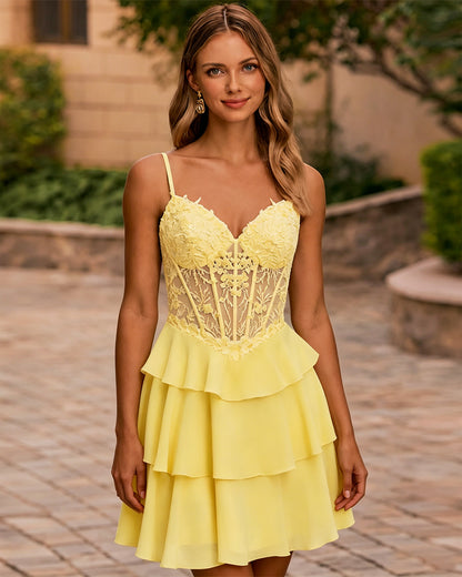Spaghetti Strap Lace Corset Tiered A-Line Homecoming Dress - view 4