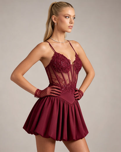 Spaghetti Strap Lace Corset Homecoming Dress with Flared Skirt - view 5
