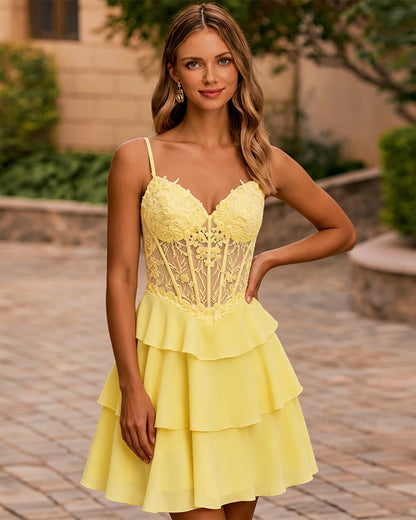 Spaghetti Strap Lace Corset Tiered A-Line Homecoming Dress - view 5