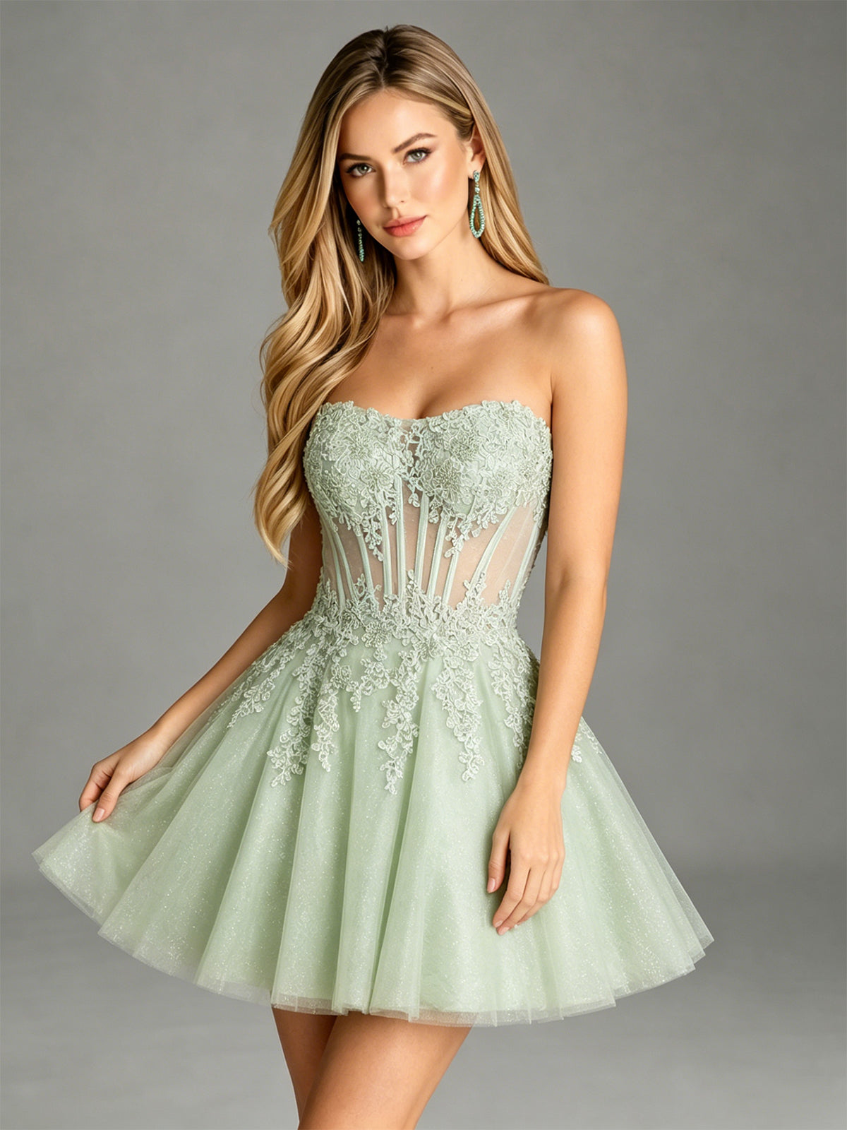 Strapless Lace Applique Glitter Tulle Homecoming Dress - view 6