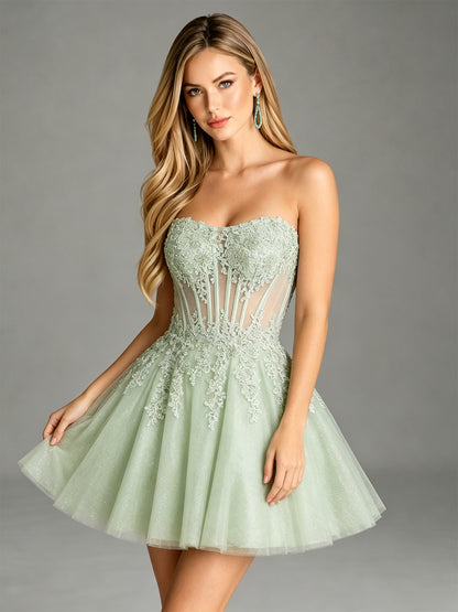Strapless Lace Applique Glitter Tulle Homecoming Dress - view 6