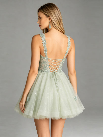 Floral Lace Strap Glitter Tulle Homecoming Dress - view 6