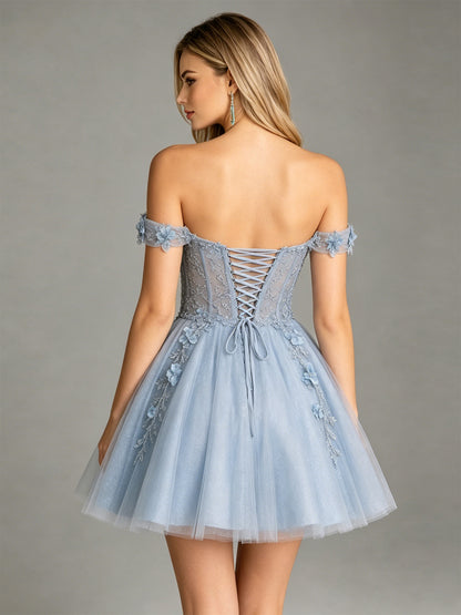 Off Shoulder 3D Floral Corset Glitter Tulle Homecoming Dress - view 6