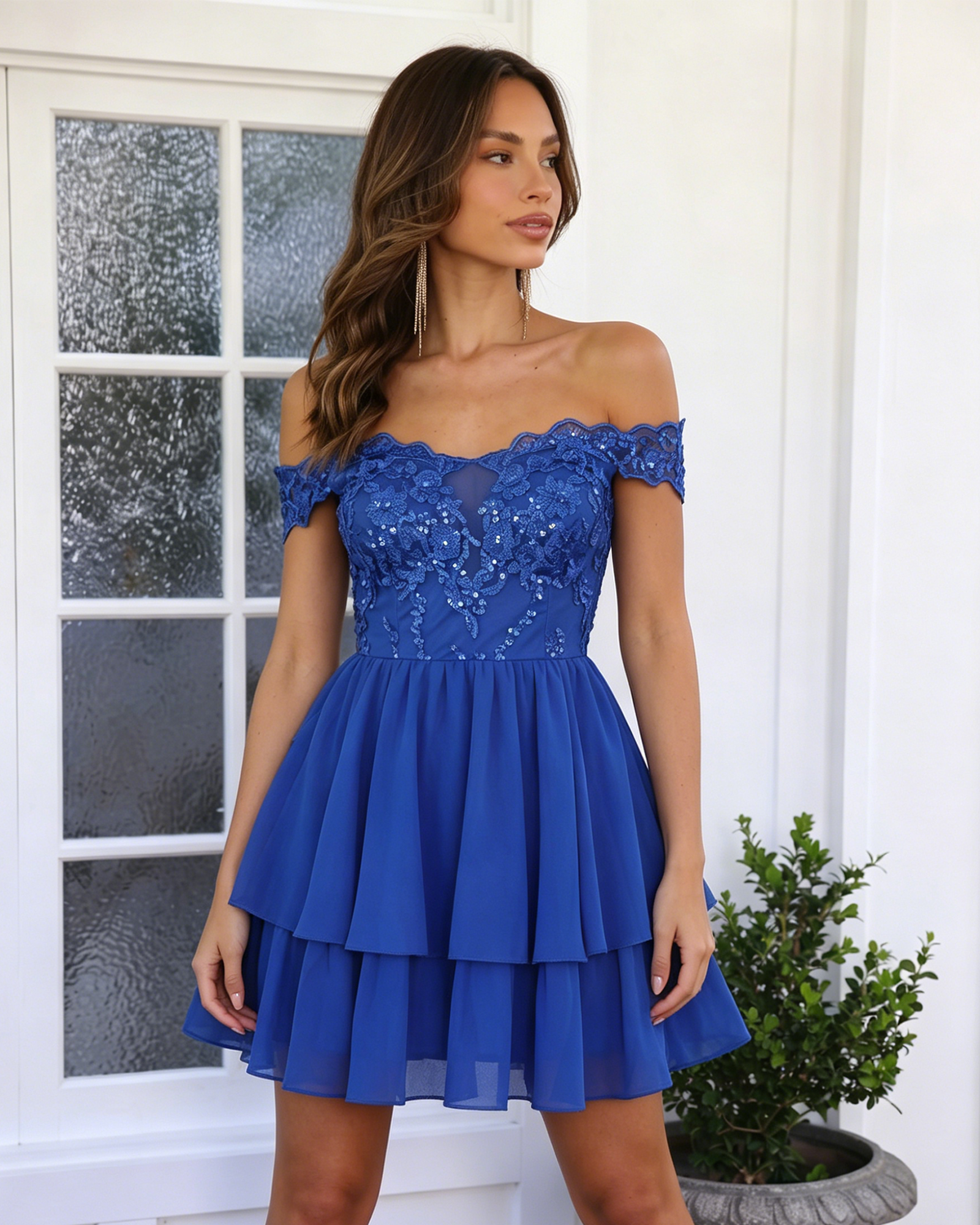 Off Shoulder Lace A-Line Homecoming Dress with Tiered Skirt - view 6