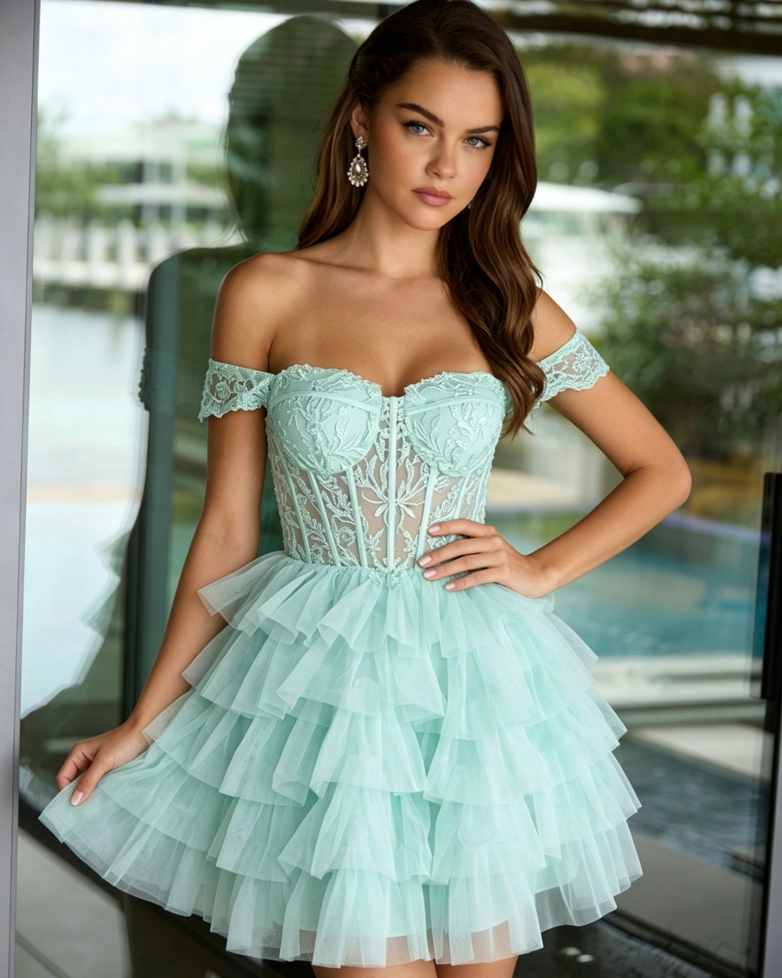Off Shoulder Lace Corset Tulle Homecoming Dress with Tiered Layers - view 6