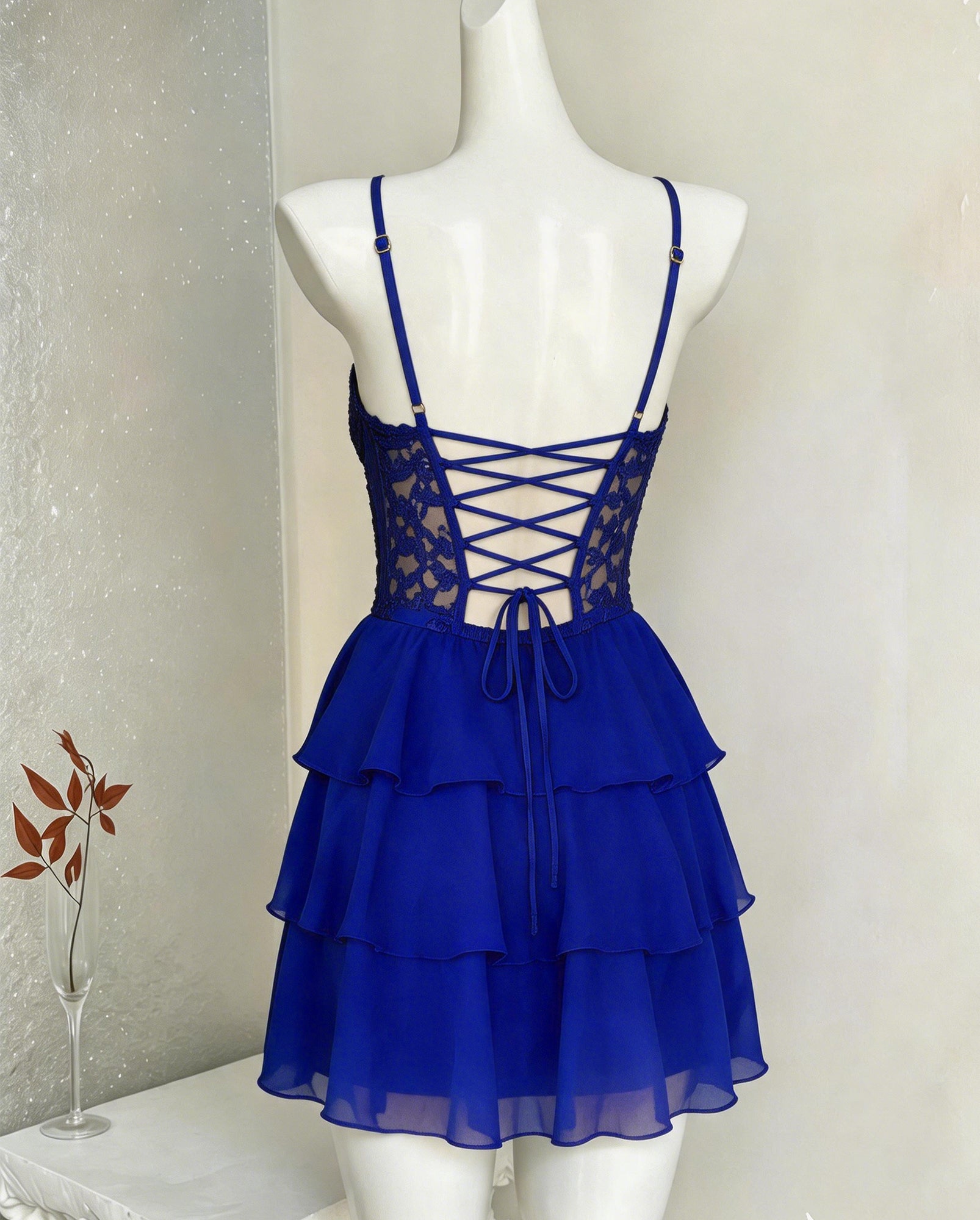 Spaghetti Strap Lace Corset Tiered Chiffon Homecoming Dress - view 7