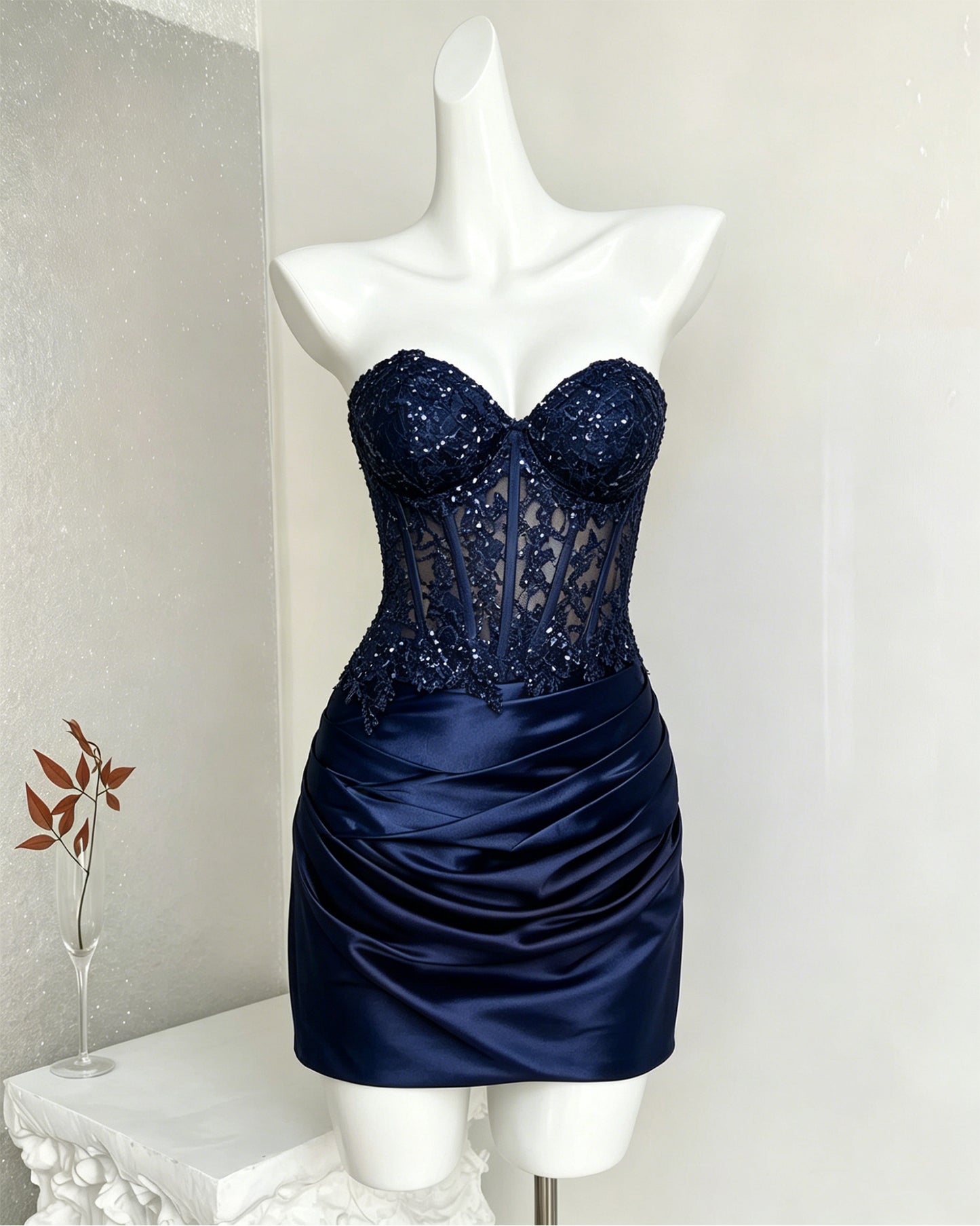 Strapless Sequin Lace Corset Satin Homecoming Dress with Slit - view 7