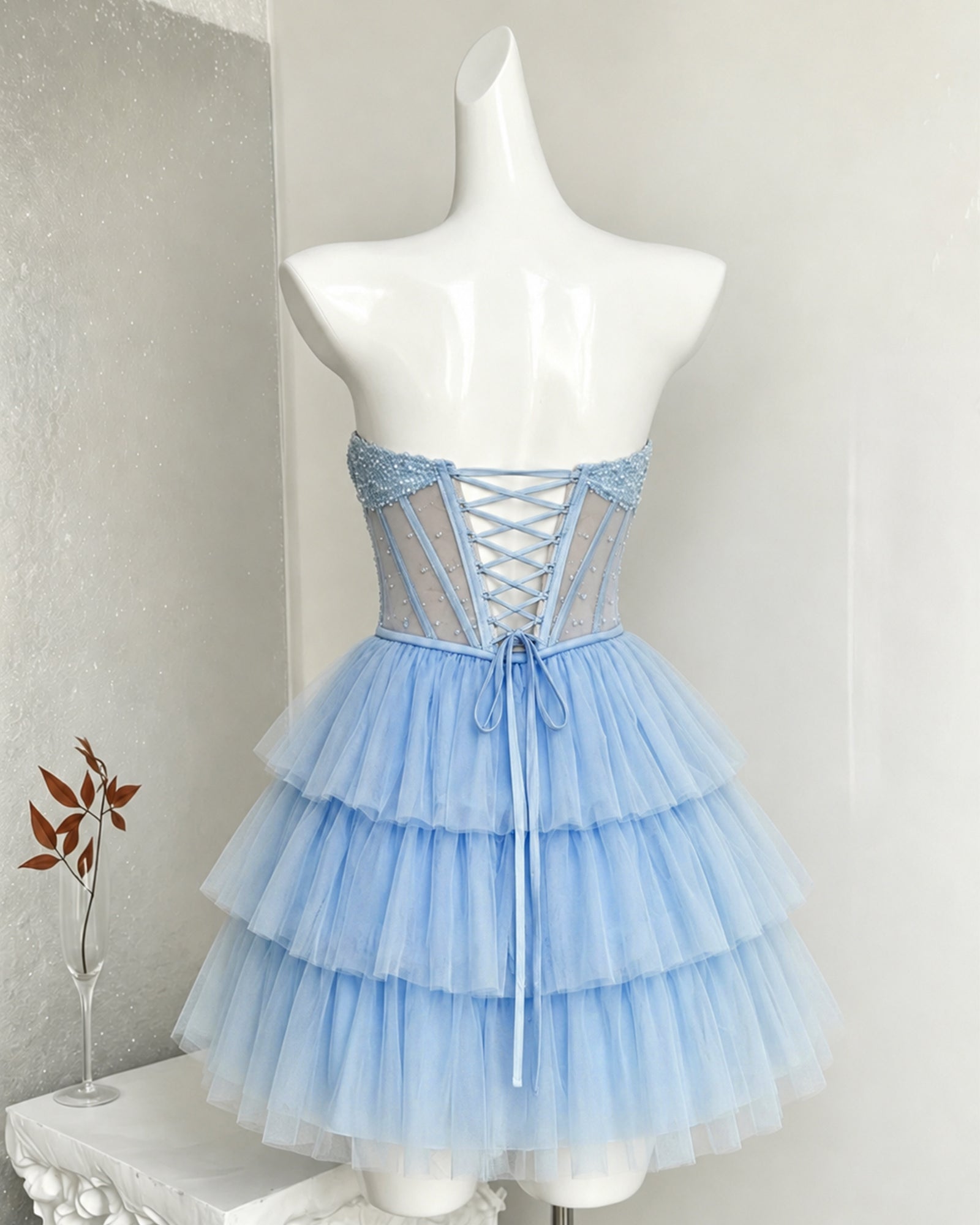 Strapless Beaded Corset Tiered Tulle Homecoming Dress - view 7