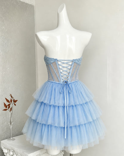 Strapless Beaded Corset Tiered Tulle Homecoming Dress - view 7