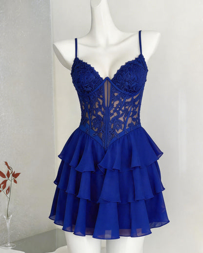 Spaghetti Strap Lace Corset Tiered Chiffon Homecoming Dress - view 8