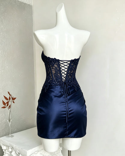 Strapless Sequin Lace Corset Satin Homecoming Dress with Slit - view 8