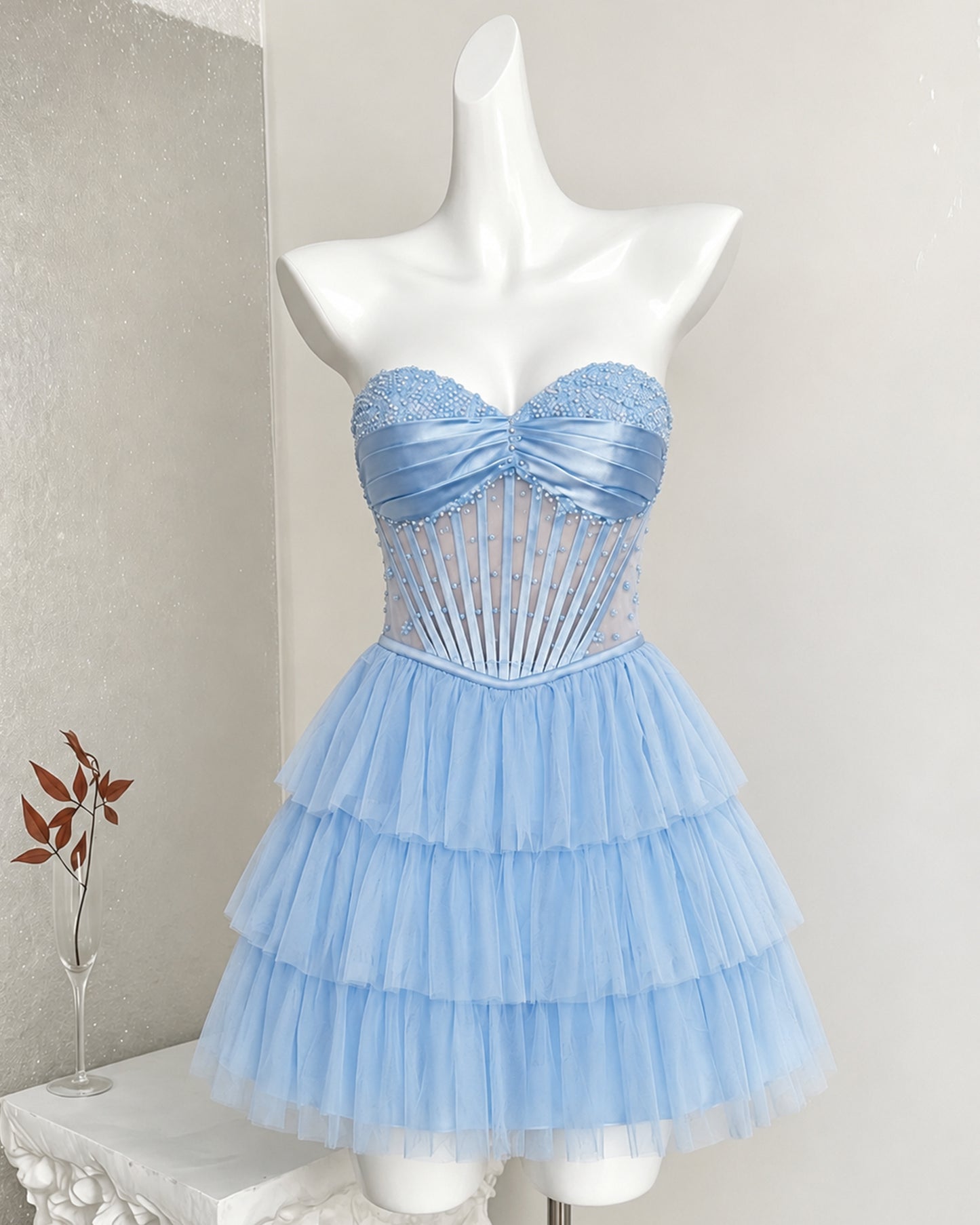 Strapless Beaded Corset Tiered Tulle Homecoming Dress - view 8