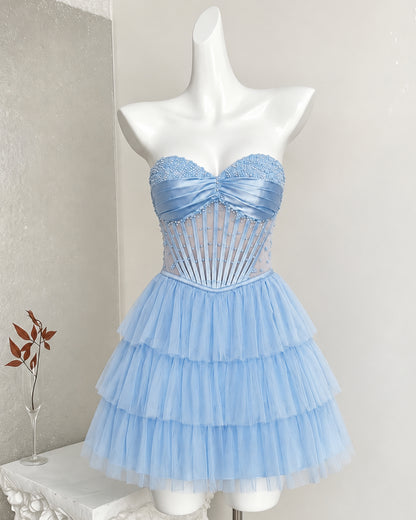 Strapless Beaded Corset Tiered Tulle Homecoming Dress - view 8