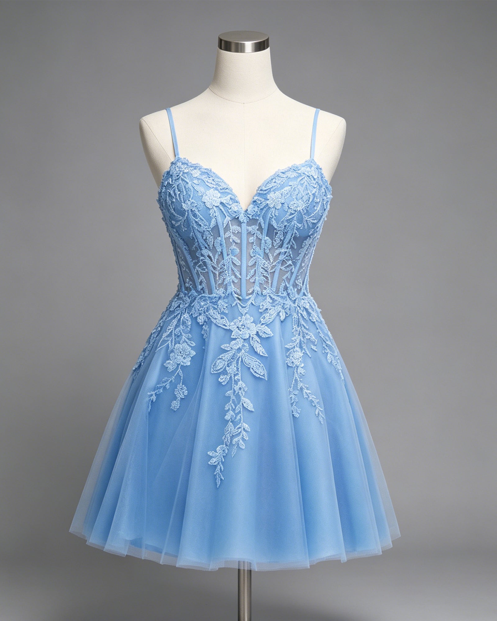 spaghetti strap floral lace tulle A-line homecoming dress - view 1