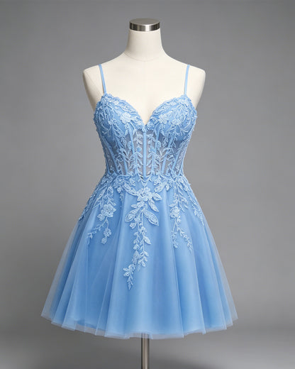 spaghetti strap floral lace tulle A-line homecoming dress - view 1