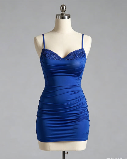 spaghetti strap lace trim satin bodycon homecoming dress - view 1