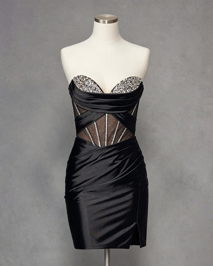 strapless crystal satin bodycon homecoming dress with slit - view 1